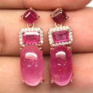 925 Sterling Silver Red Ruby & Zircon Jewelry Earrings Rose Gold Coated - Picture 1 of 4
