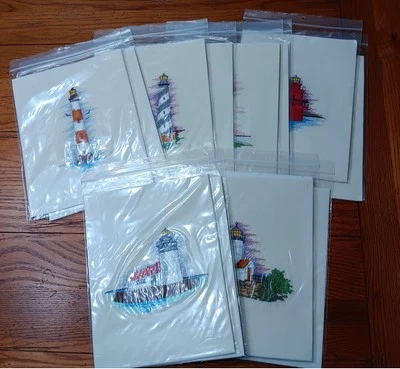 12 Professionally Embroidered Lighthouse Quilt Blocks - 13" Off White Muslin - Image 1 of 4