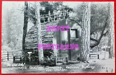 REDWOOD HIGHWAY, CALIF ~GRUNDY'S LOG REST ROOMS ~ REAL PHOTO postcard~ 1940s  - Image 1 of 2