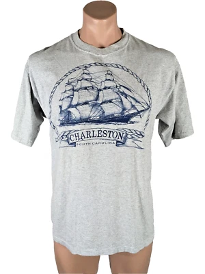 复古 90 年代 Charelston SC 微条纹度假 T 恤帆船 T 恤 尺寸 L — 第 1/4 张图片