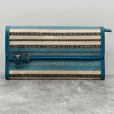 Prada Vintage Blue Print Canvas Leather Silver Logo Large Size Wallet - Image 1 of 4