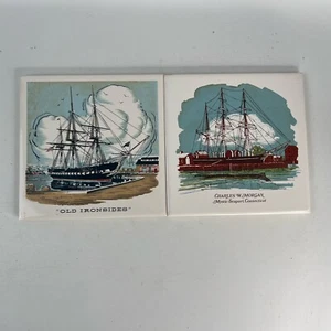 Old Ironsides Charles W. Morgan Screen Craft 6"x6" tiles lot of 2 - Picture 1 of 5