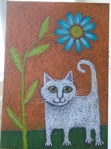 Cats Ollietuxedo Original 2.5x3.5 inches ACEO White Cat and the Blue Flower - Picture 1 of 3