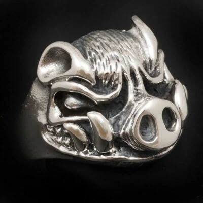HUGE HEAVY WILD BOAR CRAZY PIG BIKER SKULL 925 STERLING SOLID SILVER MENS RING - Image 1 of 4