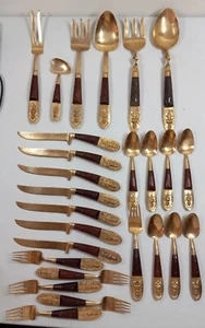 Collectable Siam Thailand 26 Pieces Bronze & Teak Wood Flatware Rare Serving Pcs - Picture 1 of 12