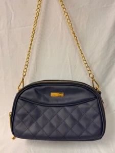 Borsa a mano Joy & Iman, pelle trapuntata, raso, blu navy con ferramenta oro - BELLA! - Foto 1 di 11