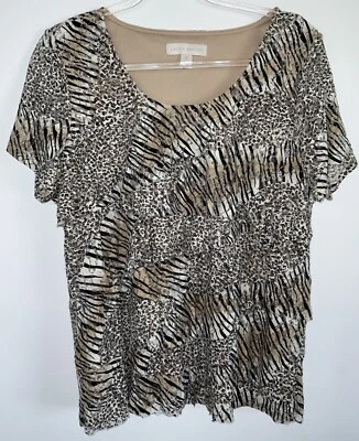 Laura Ashley 1X Womens Tier Overlay Lined Animal Print Stretchy Short Sleeve Top - Image 1 of 4