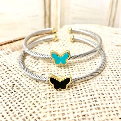 Pulsera brazalete cable mariposa única 3mm chapado en oro piedra natural apilable Foto 1 de 4