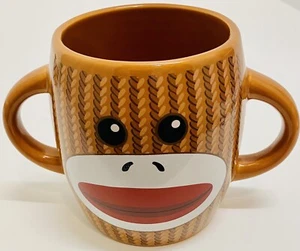 Sock Monkey Coffee Cup Mug Brown White Double Handle Galerie Ceramic, EUC - Picture 1 of 4