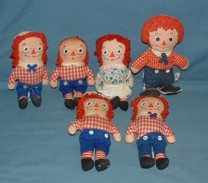 VINTAGE 7" CLOTH RAGGEDY ANN & ANDY DOLLS (6) - KNICKBOCKER - USED CONDITION - Picture 1 of 6