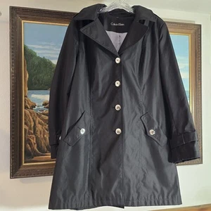 Calvin Klein Outdoor Herbst Frühling schwarz Trenchcoat abnehmbare Kapuze Knopf Damen L - Bild 1 von 16