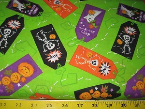 PRIMITIVE PRIMITIVE GREEN TONAL FABRIC WITH HALLOWEEN TAGS 100% COTTON 45" - Picture 1 of 1