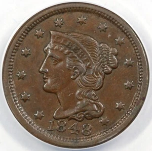 1848 1c N-34 Braided Hair Large Cent ANACS AU 50 - Picture 1 of 5