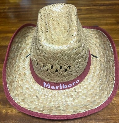 Chapéu de cowboy vintage MARLBORO publicidade cigarro tecido palha faixa vermelha homem caverna - Imagem 1 de 4