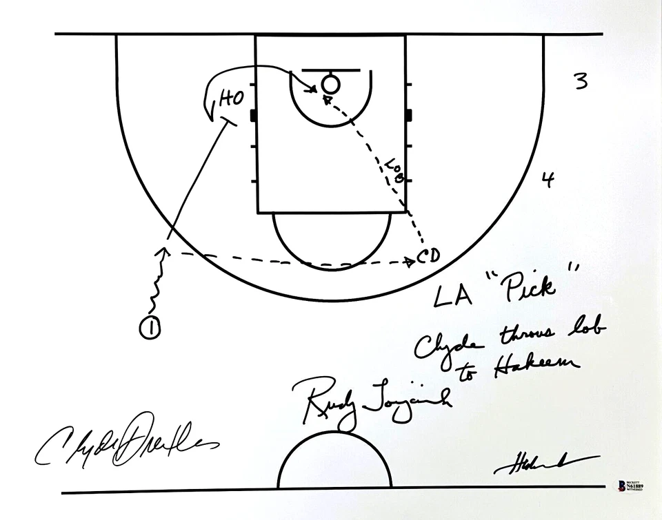 Rudy T Hakeem Olajuwon Clyde Drexler Signed 16x20 Photo Hand Drawn Play Beckett - Image 1 of 1