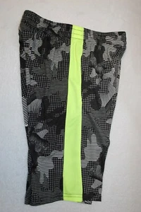 Boys Athletic Shorts BLACK GRAY ABSTRACT CAMO Neon Yellow Side Stripes L 12-14 - Picture 1 of 2