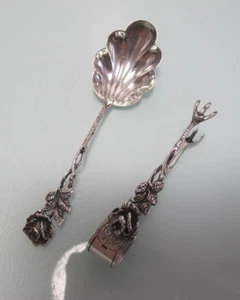 Cuchara de azúcar 835 plata + pinzas de azúcar 800 plata rosa patrón de rosas (A110) - Imagen 1 de 4