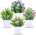 4 Packs Small Fake Plants Mini Artificial Faux Plants with Flowers for Home Room