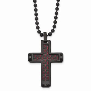 Stainless Steel Polished Black IP Blk/Red Carbon Fiber Inlay Cross Necklace
