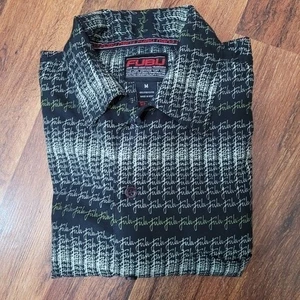 FUBU Mens M Button Up Short Sleeve Shirt Black Beige Script Plaid 90s Retro - Picture 1 of 12