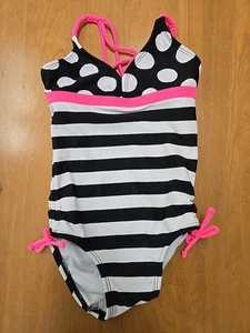 Girls Size 4 Colorful One Piece Swimsuit - Black, White & Neon Pink - VG - Picture 1 of 3