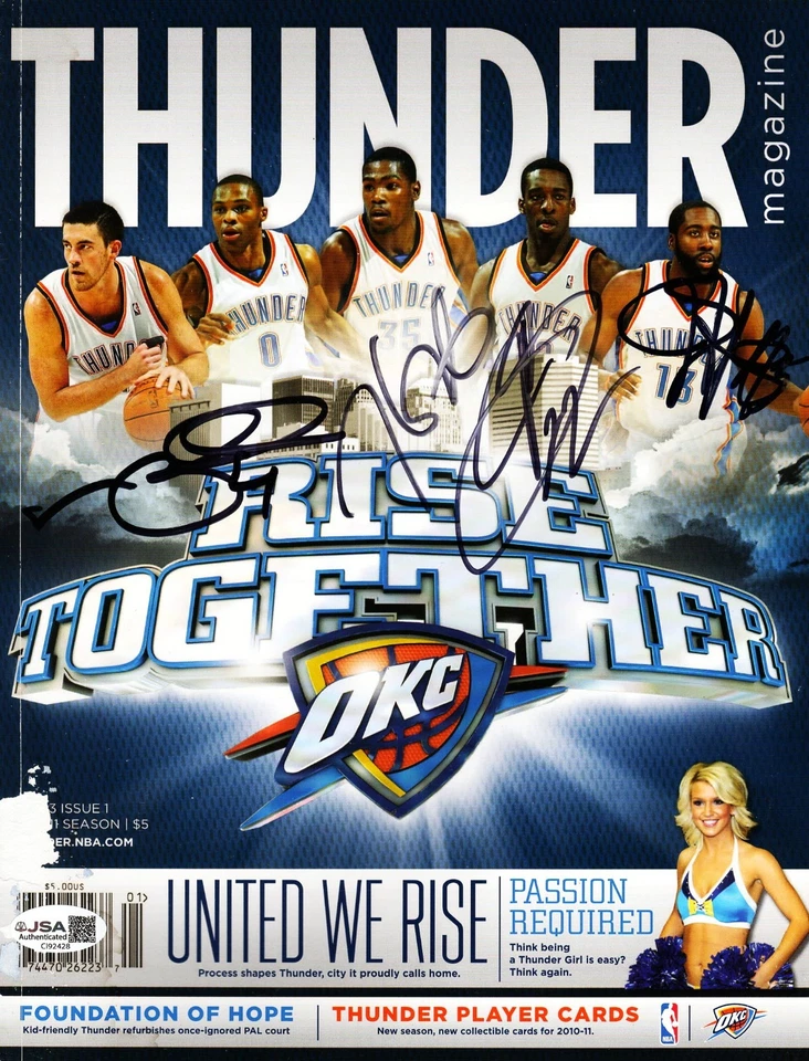 JAMES HARDEN, KEVIN DURANT, JEFF GREEN, BYRON MULLENS Signed 2010-11 Mag JSA - Image 1 of 4