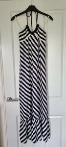 NEXT NAUTICAL NAVY BLUE WHITE STRIPE LACE TRIM HALTERNECK FLOATY MAXI DRESS - 10 - Picture 1 of 4
