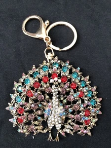 1 x Gold/Multicoloured Rhinestone Peacock key ring bag charm crystal gift - Picture 1 of 2