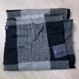 Tommy Hilfiger Raw Edge Scarf Buffalo Plaid Grey Black Mens Lightweight - Picture 1 of 7
