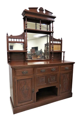 Antique English Edwardian Satin Walnut Buffet With Beveled Mirrors Cover