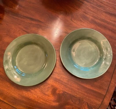 Pottery Barn Sausalito Moss Sage Avocado Green 12" Dinner Plates Set Of 2 - Image 1 of 4