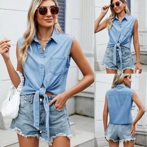 DENIM VEST LADIES Jeans Vest Sleeveless Casual Button Tie Tee Shirts Tank Blouse - Picture 1 of 14