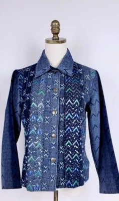 Chaqueta Coldwater Creek Mujer PXS Azul Denim Azteca Bordada Cuentas Lentejuelas Foto 1 de 4
