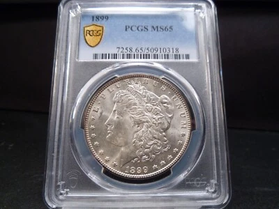 1899 MS65 Morgan Silver Dollar PCGS Certified Gem - White/Gold Shield Holder - Image 1 of 4