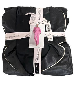 VICTORIA'S SECRET Pajama Women’s Size L Long 2Pc PJ Set Satin Black Dot V Logo - Picture 1 of 3