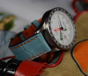 UHRENARMBAND ECHT ALLIGATOR BELLY HELL BLAU RACING GULF ORANGE HANDMADE MA STRAP - Picture 1 of 12