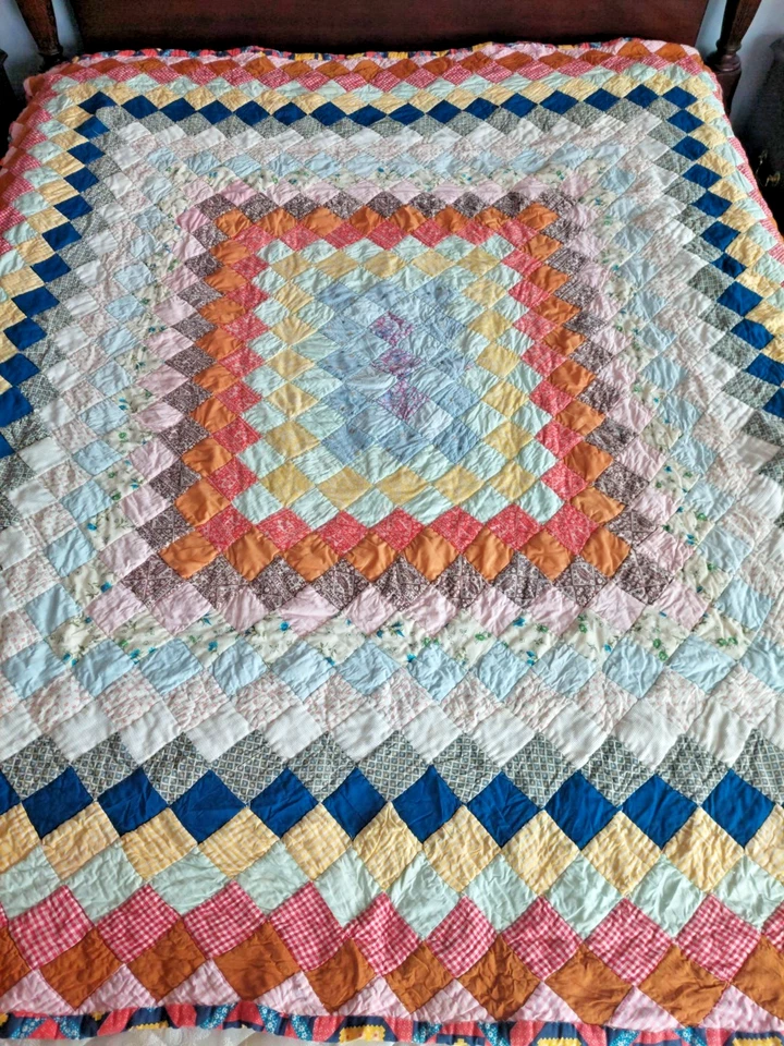 Mod Diamond Block Multicolor Vintage TECIDO SUCATA Ponto de Mão 68 X 86 Colcha Dupla - Imagem 1 de 4