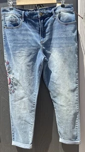 Knox Rose Capri Denim Jeans Womens 16 Blue High Rise Skinny Embroidered Flowers - Picture 1 of 13