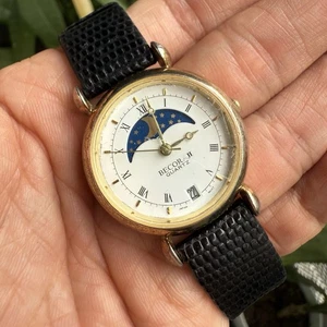 Becora Moonphase Quartz Watch Date V183 Black Leather Strap AII Gold Tone Plated - Picture 1 of 10