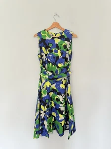 Hobbs Dress Size 12 Yellow Blue Floral Twitchell Linen Midi Wrap Belt Summer - Picture 1 of 9