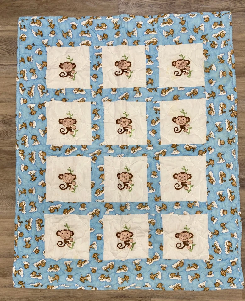 Homemade Monkey Patchwork Squares Baby Quilt Toddler Handcrafted 38 x 46” VG - Image 1 of 4