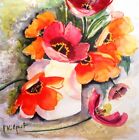 Aquarell Original "geöffnete Tulpen" REGENBOGEN-ART 24x24 Blumen Gemälde