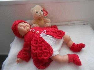 Hand knitted Red/White *Teddy* Frill lace set Newborn baby girl/reborn 19-20"NEW - Picture 1 of 6