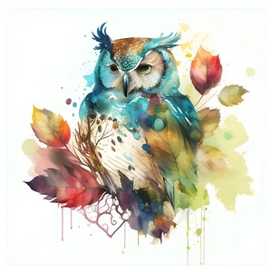 Colorful Watercolor Fantasy Forest Owl #6 - 8x8 Craft Cotton Fabric Block - Picture 1 of 1