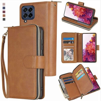 Funda tipo billetera Samsung Galaxy M33 9 tarjetas cremallera soporte abatible cuero teléfono estuche Foto 1 de 4