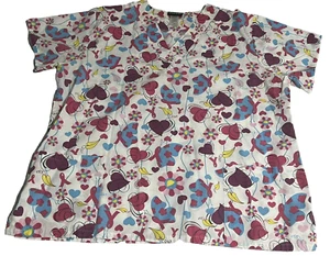 Womens Scrub Top 1X SCRUB STUDIO Uniform Medical Hearts Flowers Pink Ribbon EUC - Picture 1 of 8