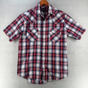 Plains Westernwear Mens Plaid Shirt Medium Red Pearls Snap Short Sleeve Workwear - Picture 1 of 17