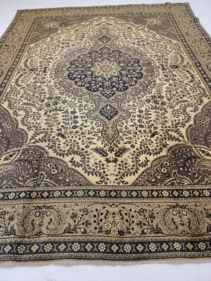 Antique Oriental Hand-Knotted Wool Area Rug Ivory/Black/Brown 9'7" x 13' - Image 1 of 4