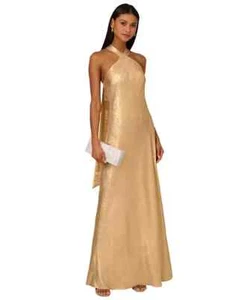 $275 Adrianna Papell Women's Folied-Chiffon Halter Gown, Light Gold, 12 - Picture 1 of 4