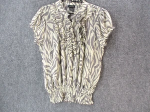Sam Max Top Womens Large Gray White Zebra Cap Sleeve Scalloped Ruffle Blouse L - Picture 1 of 10